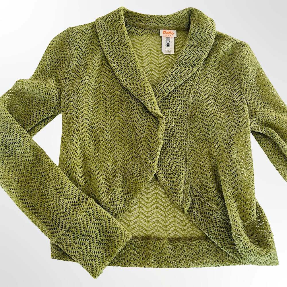DeCo U.S.A. Olive Green Open Knit Crochet Style Cardigan - Picture 4 of 7